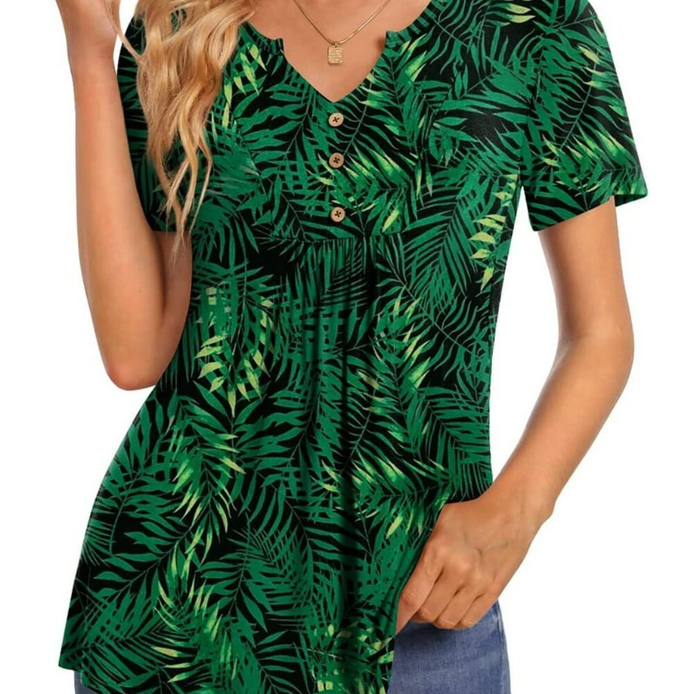 Breathable Tropical Green Black Leaf Print Floral Blouse Short Sleeve Top